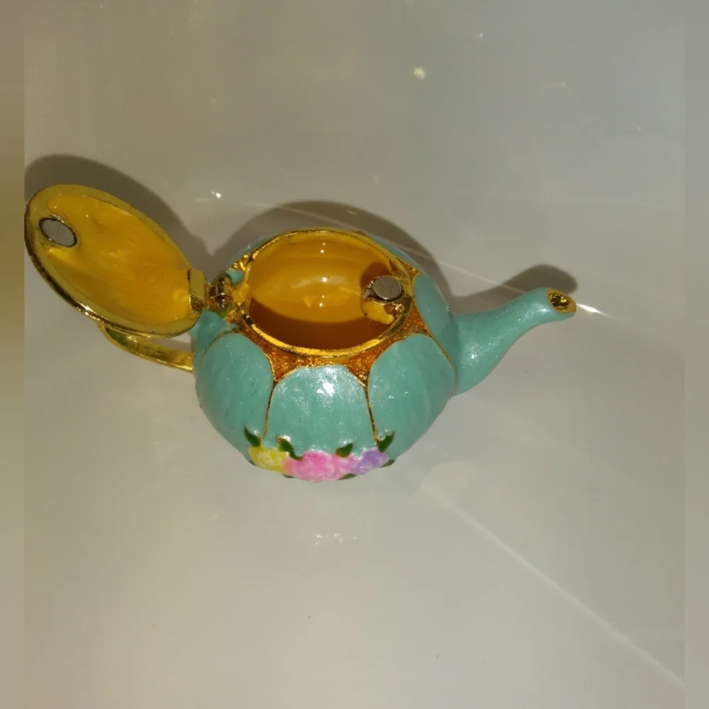 Floral Gold and Blue Teapot Jewelry Trinket